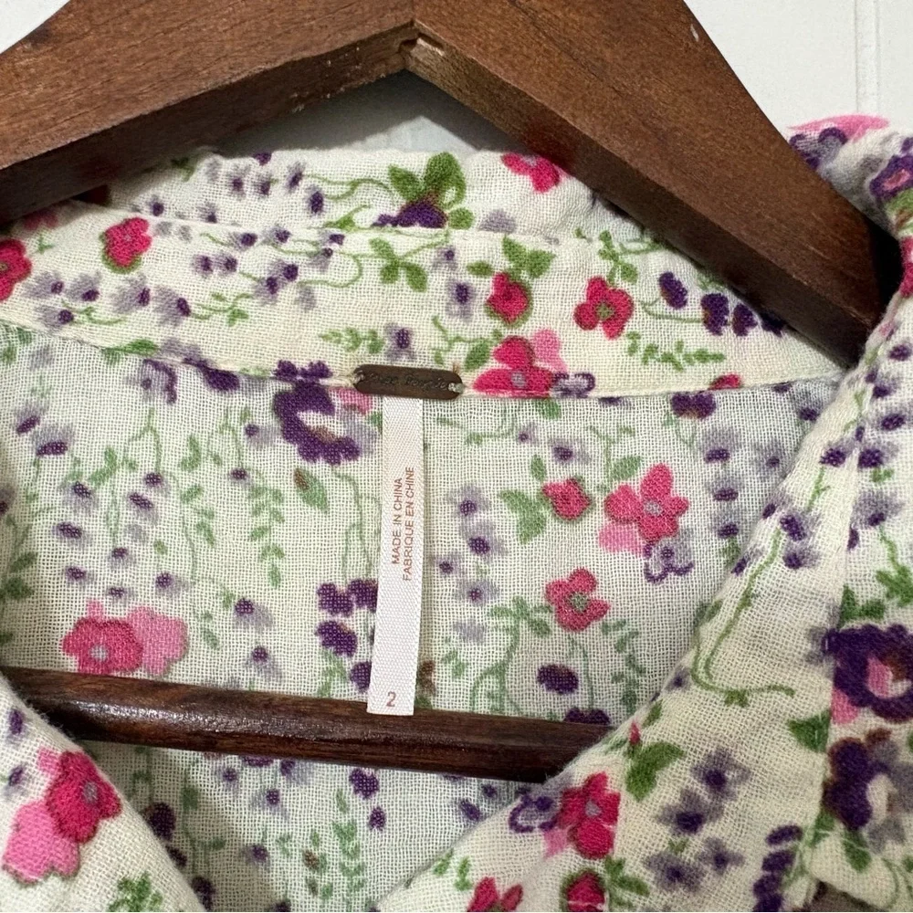 Free People Floral Button Down Blouse 2 Boho Cottagecore Long Sleeve Cotton